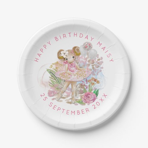 Ballerina Floral Name Girl Happy Birthday Party Paper Plates