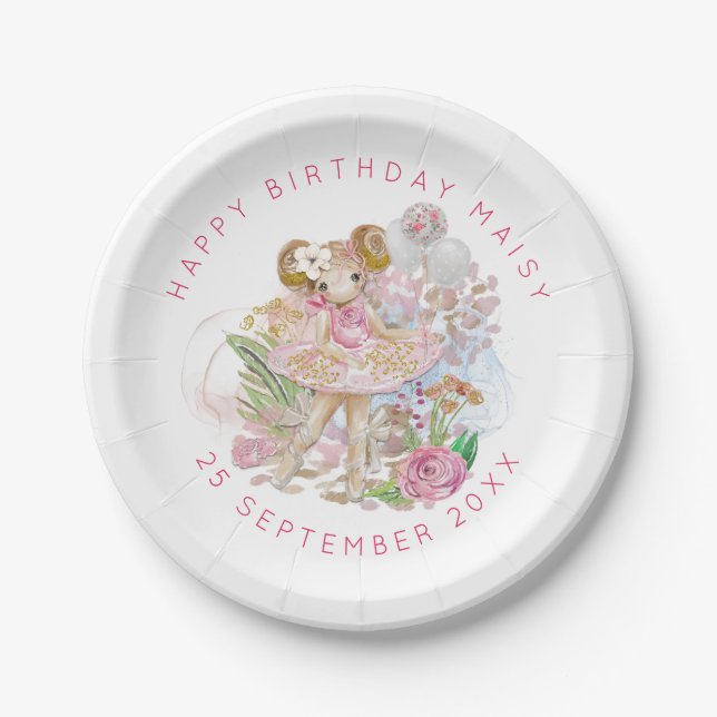 Ballerina Floral Name Girl Happy Birthday Party Paper Plates (Front)