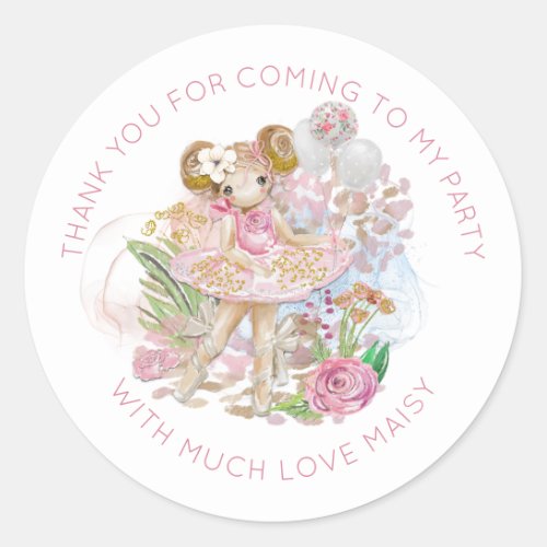 Ballerina Floral Name Thank You Birthday Party Classic Round Sticker