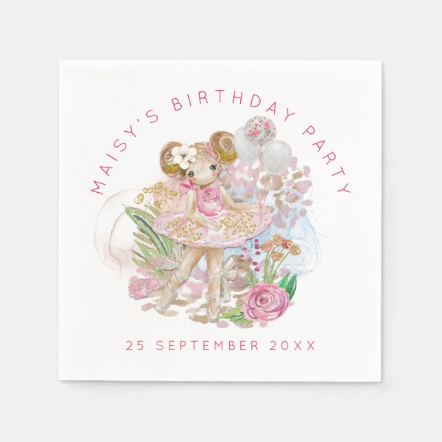 Ballerina Floral Pink Gold Name Birthday Party Napkins (Front)