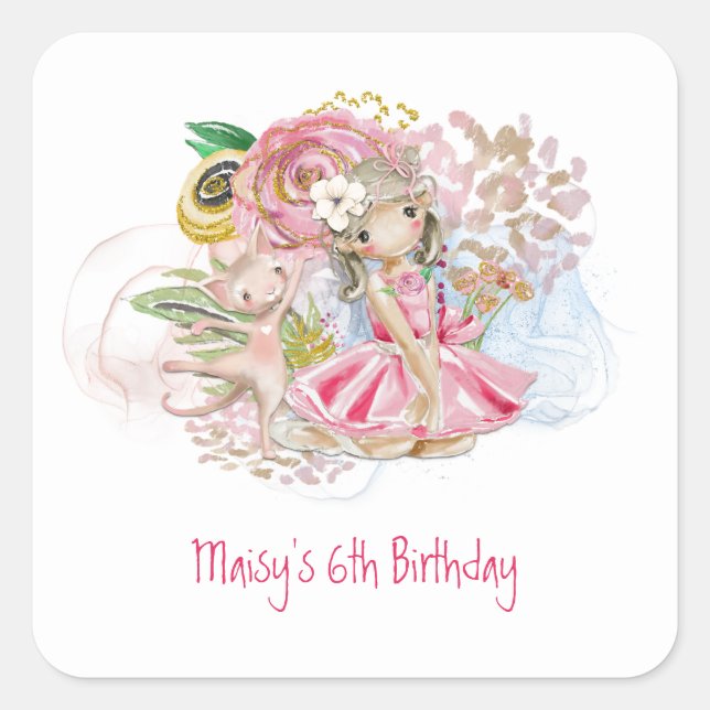 Ballerina Florals Cat Pink Girl 6th Birthday Party Square Sticker (Front)