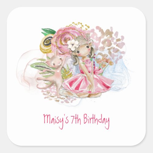 Ballerina Florals Cat Pink Girl 7th Birthday Party Square Sticker