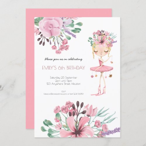 Ballerina Florals Foliage Girls 6th Birthday Party Invitation