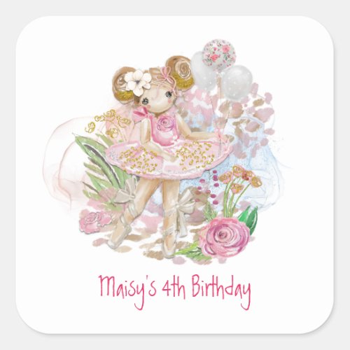 Ballerina Florals Pink Girl 4th Birthday Party Square Sticker
