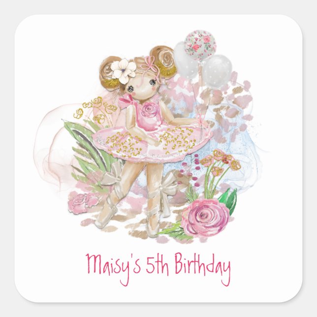Ballerina Florals Pink Girl 5th Birthday Party Square Sticker (Front)