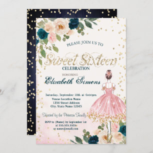 Ballerina Flowers Diamonds Navy Blue Sweet 16  Invitation