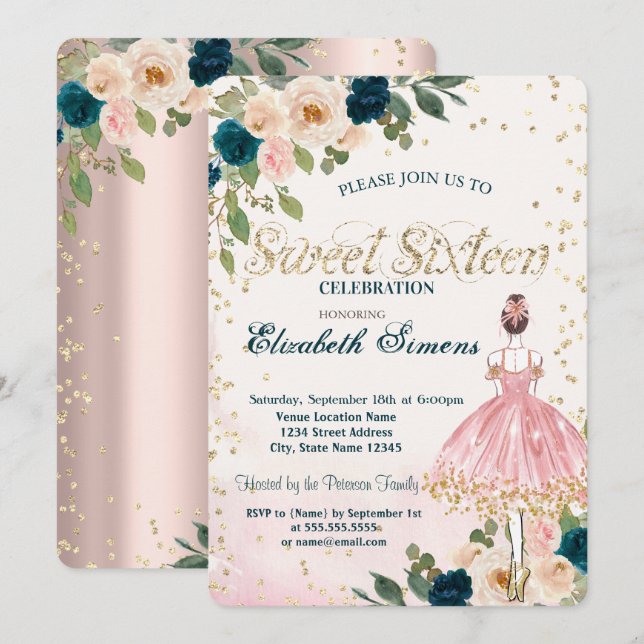 Ballerina Flowers Diamonds Rose Gold Sweet 16  Invitation (Front/Back)