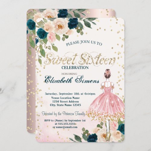 Ballerina Flowers Diamonds Rose Gold Sweet 16  Invitation