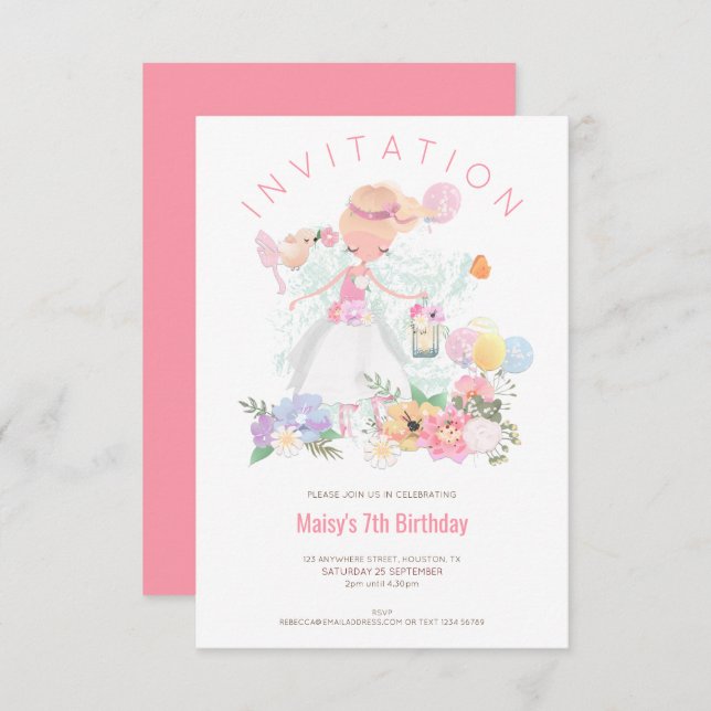 Ballerina Flowers Pink Girl 7th Birthday Party Invitation (Front/Back)
