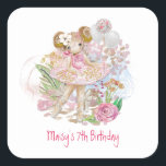 Ballerina Flowers Pink Girl 7th Birthday Party Square Sticker<br><div class="desc">Graceful whimsiness for your daughter's 7th birthday party favors and mailings,  with this beautiful ballerina with florals,  balloons and greenery and gold faux glitter. Easy to personalise the text to your own requirements.</div>