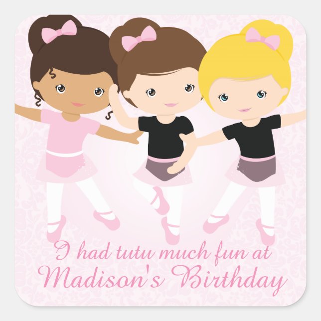 Ballerina Friends Birthday Party Custom Favor Square Sticker (Front)