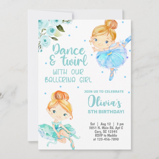 Ballerina girl birthday invite, blue dance twirl. invitation (Front)