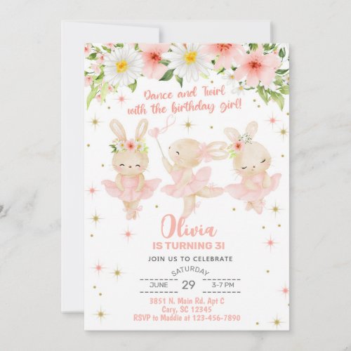 Ballerina girl birthday invite bunny dance twirl invitation