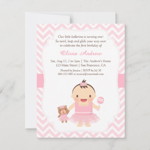 Ballerina Girl First Birthday Party Invitations