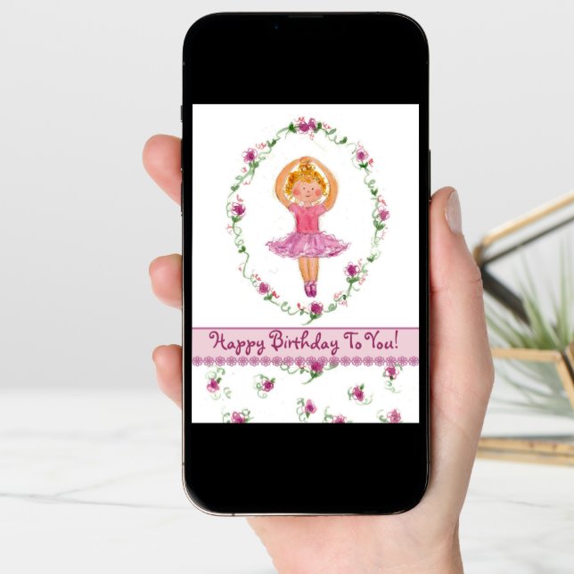 Ballerina Girl Happy Birthday Card Pink Roses (Front Digital)