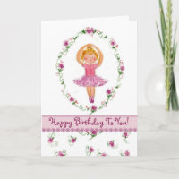 Ballerina Girl Happy Birthday Card Pink Roses