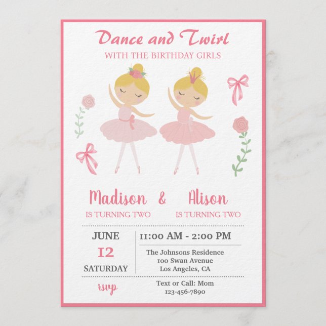 Ballerina Girl Joint Birthday Party Invitation (Front)
