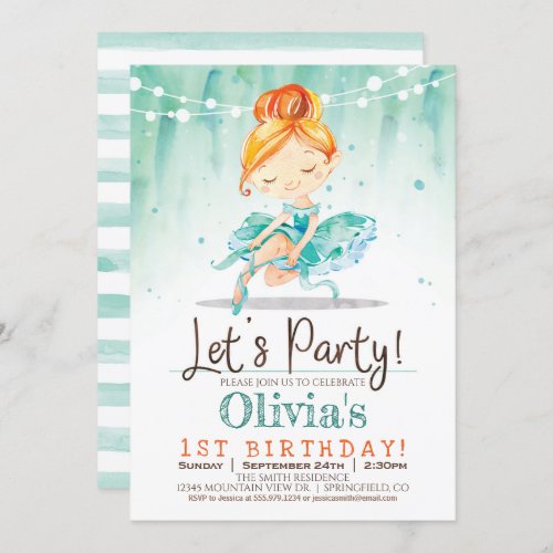 Ballerina Girl Mint Birthday Party Invitation