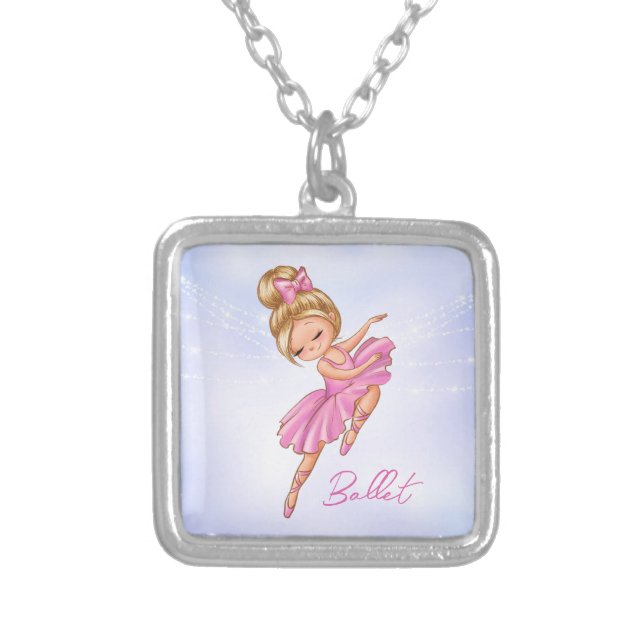 Ballerina Girl Pink, Purple Pretty Ballet Dance Silver Plated Necklace (Front)