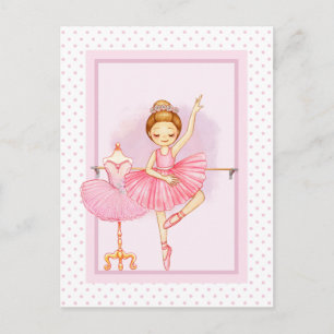 Ballerina girl & teddy bear pink polka dot  postcard