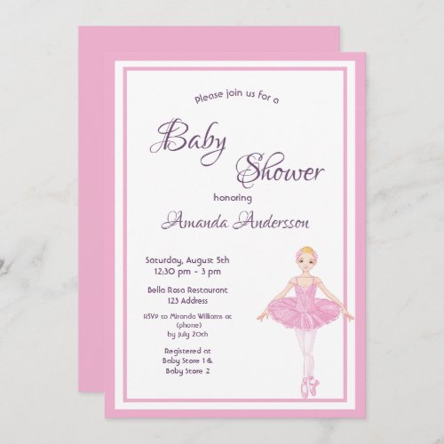 Ballerina girly pink baby shower invitation