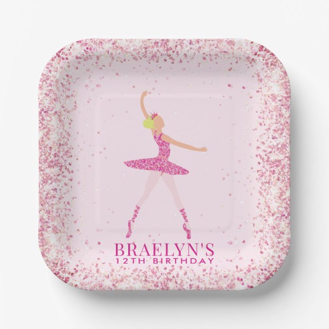 Ballerina Glitter Confetti Birthday Design Paper Plates (Front)
