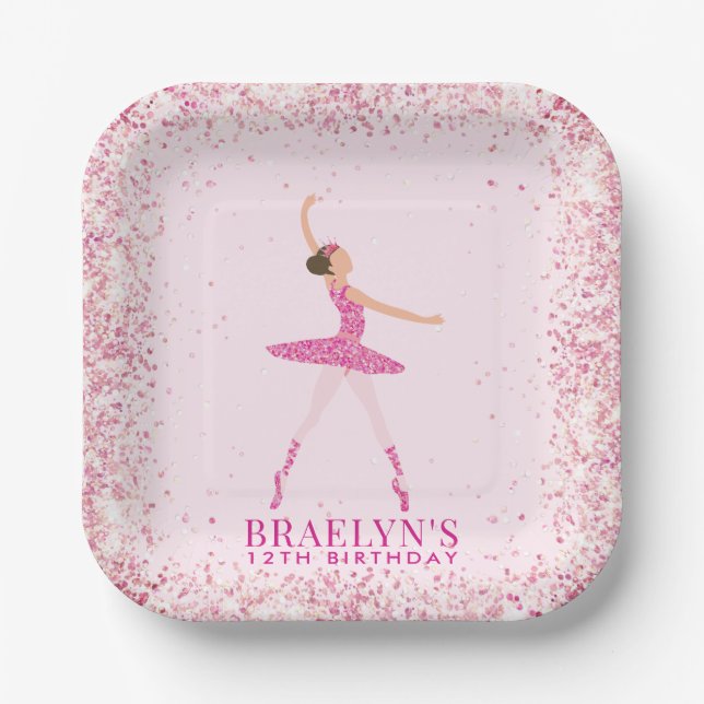 Ballerina Glitter Confetti Birthday Design Paper Plates (Front)