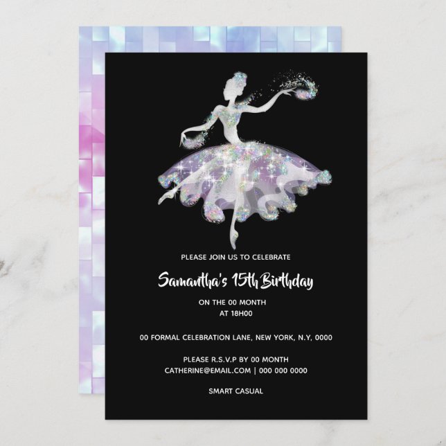Ballerina glitter confetti girls birthday party invitation (Front/Back)