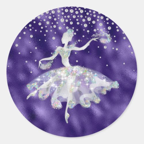Ballerina glitter purple silver girls birthday classic round sticker