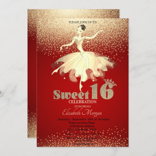 BallerinaGold Confetti Glitter Red Sweet 16 Invitation