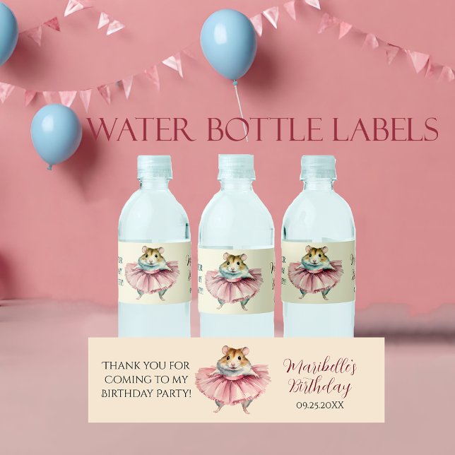 Ballerina Hamster Girls Birthday Party Water Bottle Label (Creator Uploaded)