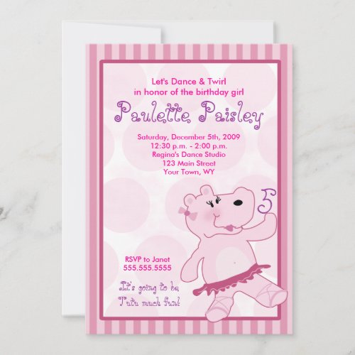 BALLERINA HIPPO Ballet Tutu Girl Invitation