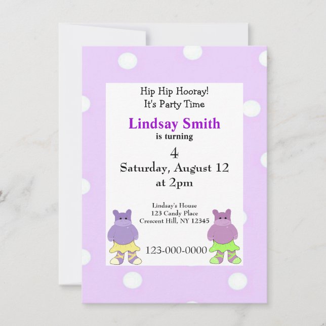 Ballerina Hippo Party Invitation (Front)