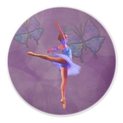 Ballerina in Arabesque Position in Purple and Blue Ceramic Knob