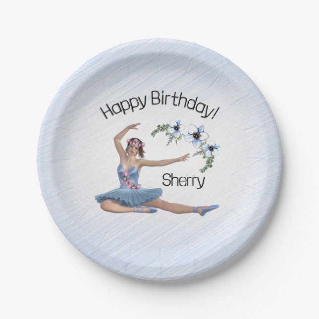Ballerina in Blue Birthday Paper Plates (Front)