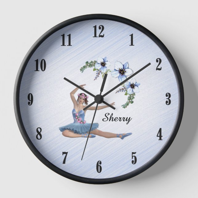 Ballerina in Blue Personal Name Black Numbers Clock (Front)