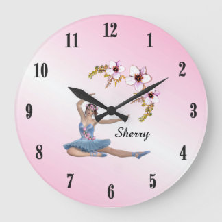 Ballerina in Blue Personal Name Black Numbers Pink Large Clock