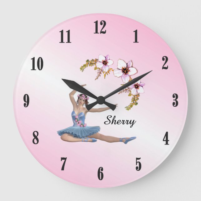 Ballerina in Blue Personal Name Black Numbers Pink Large Clock (Front)