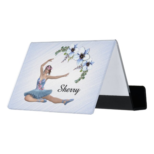 Ballerina in Blue Personal Name Desk Business Card Holder (Angled Back)
