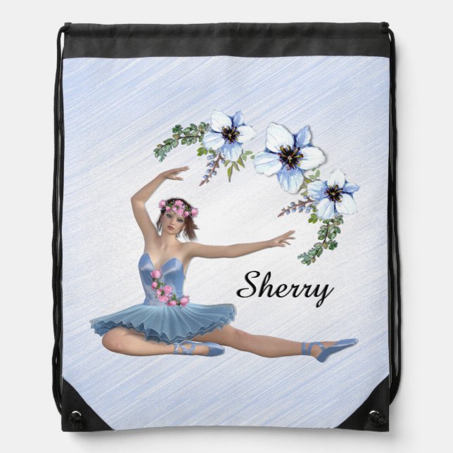 Ballerina in Blue Personal Name Drawstring Bag (Front)
