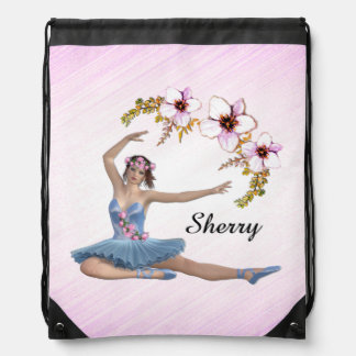 Ballerina in Blue Personal Name on pink Drawstring Bag