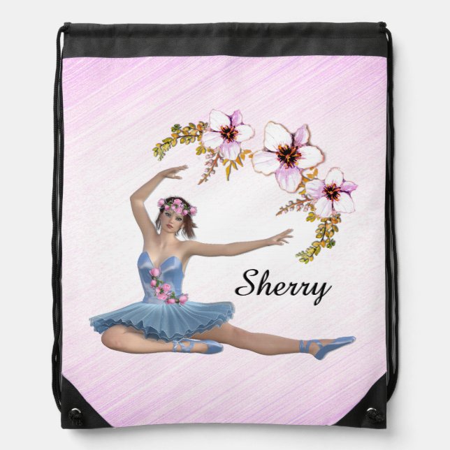 Ballerina in Blue Personal Name on pink Drawstring Bag (Front)