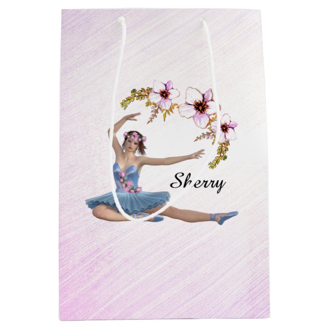 Ballerina in Blue Personal Name on Pink Medium Gift Bag (Front)