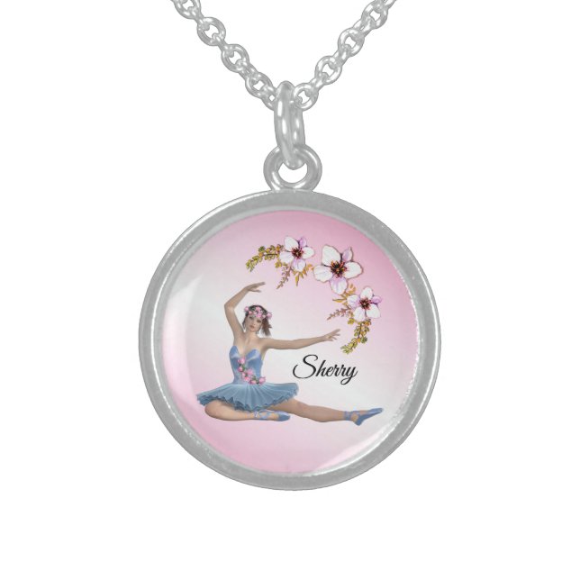 Ballerina in Blue Personal Name on pink Sterling Silver Necklace (Front)