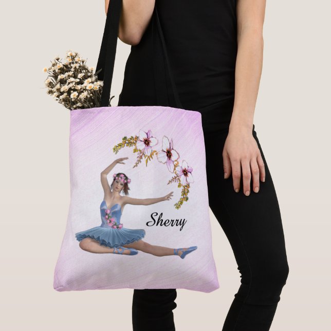 Ballerina in Blue Personal Name on pink Tote Bag (Close Up)