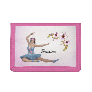 Ballerina in Blue Personal Name on pink Trifold Wallet