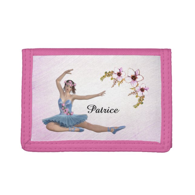 Ballerina in Blue Personal Name on pink Trifold Wallet (Front)