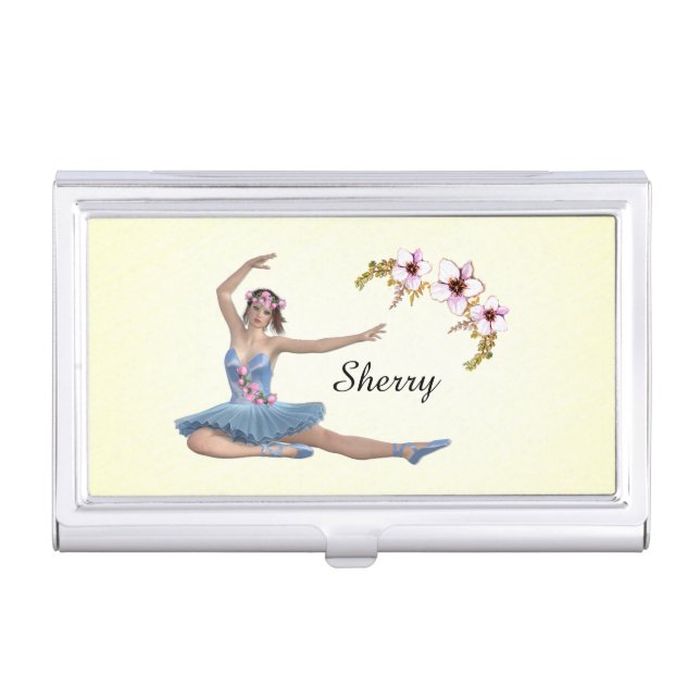 Ballerina in Blue Personal Name on Yellow Business Card Case (Front)
