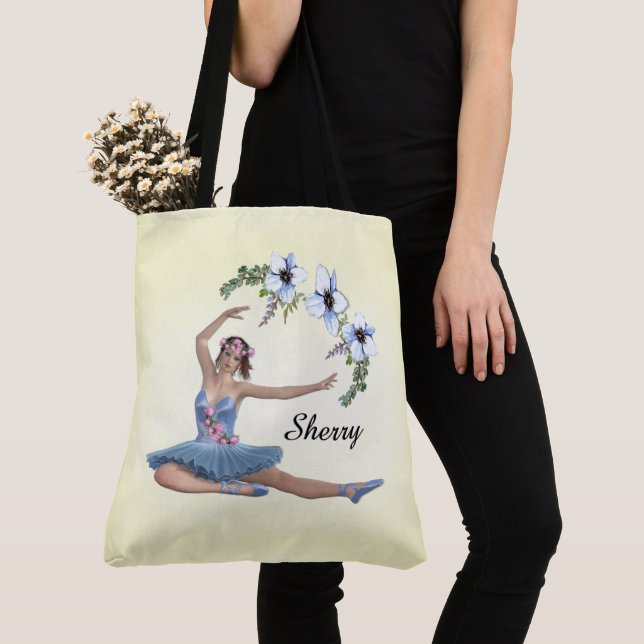 Ballerina in Blue Personal Name on Yellow Tote Bag (Close Up)