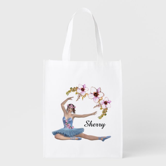 Ballerina in Blue Personal Name Pink Accent Grocery Bag (Front)